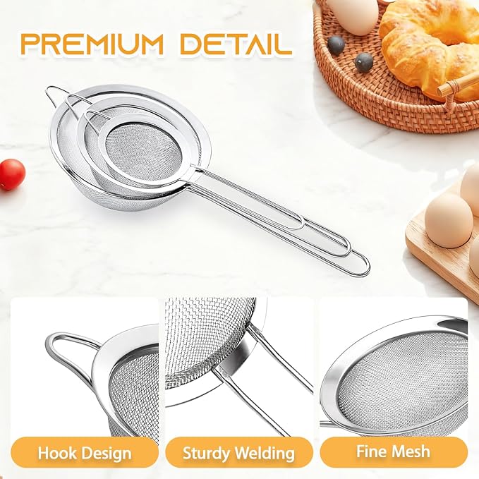 3Pcs Fine Mesh Strainer with Handle, Small Sifter Strainers Set, Stainless Steel Sieve Colander for Kitchen Baking Juice Quinoa Food Flour