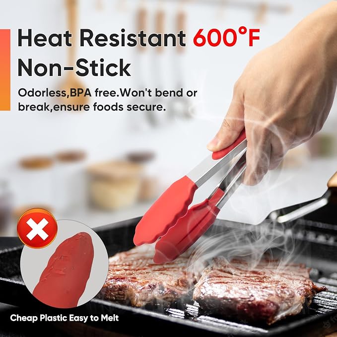 Small Silicone Tongs for Cooking, 3 PCS 7-Inch Mini Serving Tong | 600℉ Heat-Resistant,Non-Stick,Stainless Steel Tongs with Silicone Tips,Cooking Tongs for Salad/Buffet/Serving Food,Heavy Duty