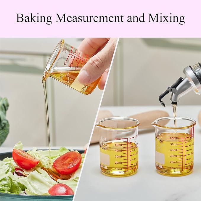 High Borosilicate Glass Measuring Cup-V-Shaped Spout，Glass Measuring Beaker for Kitchen or Restaurant, Easy to Read, 60 ML (2 Oz)-Pack of 2