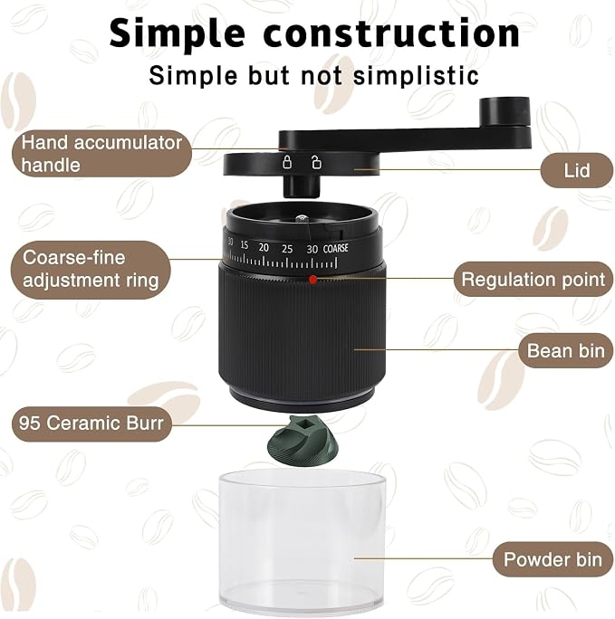 Manual Coffee Grinder with Ceramic Conical Burr, Adjustable Coarseness, 30g Capacity Hand Coffee Grinder for Espresso, French Press, Pour Over, Detachable Handle, Travel & Camping