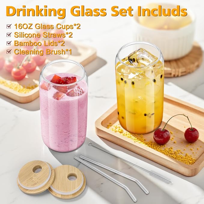 Glass Cups with Lids and Straws - 16 oz Glass Drinking Cups Set for Coffee | Glass Cups with Bamboo Lids, Iced Coffee Cup, Home Essential, Coffee Bar Accessories, Glass Tumbler, Reusable, 2 Pack