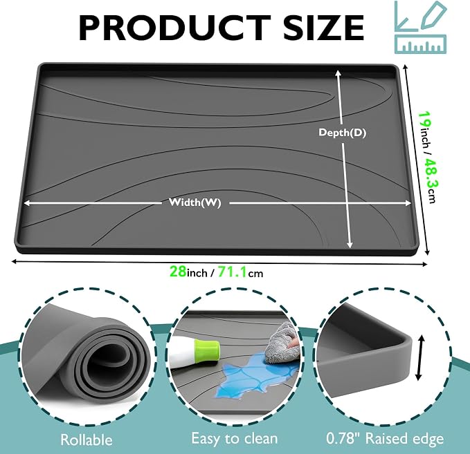 Under Sink Mat 28" x 19", Silicone Under Sink Liner for Kitchen and Bathroom, Waterproof Cabinet Protector Drip Tray, Protects Cabinets from Leaks and Spills