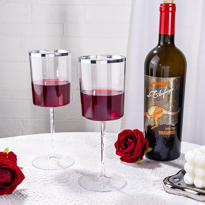 Ciaell 12 Pack Silver Plastic Wine Glasses for Weddings Outdoor Gatherings | 14 oz Silver Square Stemmed Cups, Heavy Duty Plastic, Wine Champagne Cocktails Mimosas for Parties Dinners