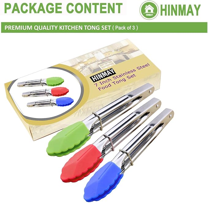 HINMAY 7-Inch Mini Tongs with Silicone Tips, Set of 3 (Green Red Blue) | 7-Inch Serving Tongs