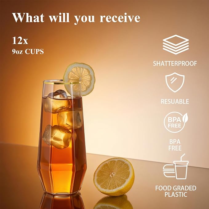 BESTSTAR 24 Pack Gold Rim Plastic Wine Glasses Set, BPA-Free Shatterproof | 12 9 OZ Stemless Champagne Flutes & 12 12OZ Diamond Wine Whiskey Glasses, Clear Drinkware for Weddings, Parties & Events