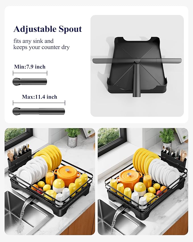 Kitsure Multi-Functional Dish Drying Rack, 15.7" x 12.0" x 5.5", Black | Dish Rack for Kitchen Counter with Cutlery Holder, Rust-Proof Drying Rack Kitchen, Kitchen Sink Organization
