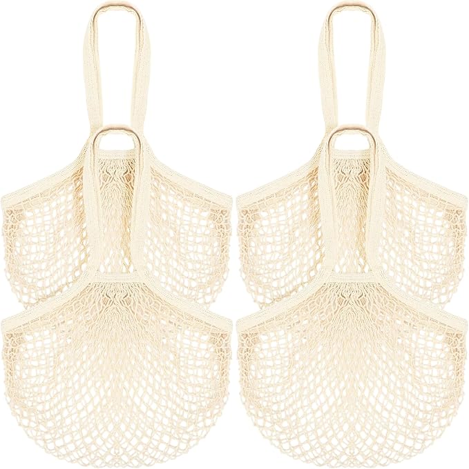 Paterr 4 Pack Cotton Mesh Produce Bags Bulk,Long Handle,Beige | Reusable Mesh Grocery Bags Bulk, Washable Net Market Tote String Shopping Bags, for Vegetable Fruit Beach Picnic Food Storage