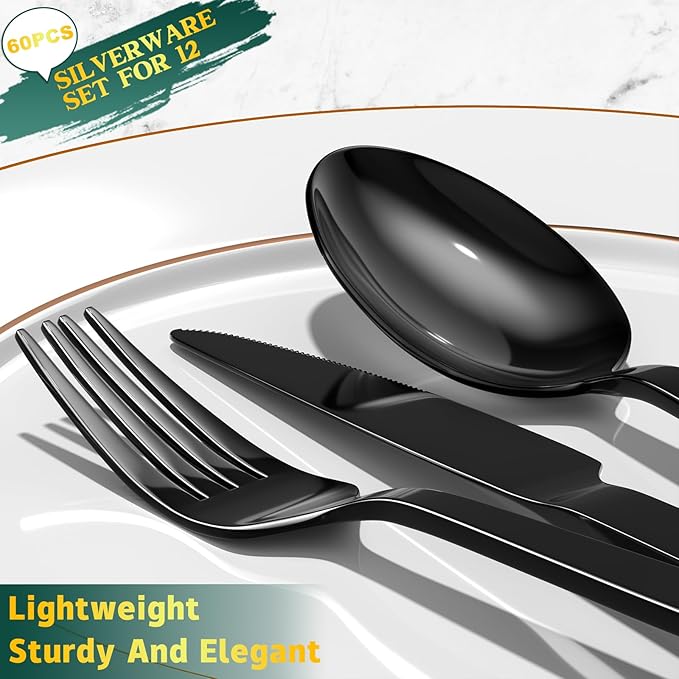 Yoehka 60 Pieces Black Silverware Set, Stainless Steel Flatware Set for 12 | Heavy Duty, Mirror Polished, Includes Knife/Spoon/Fork, For Home, Restaurant, Hotel, Dishwasher Safe