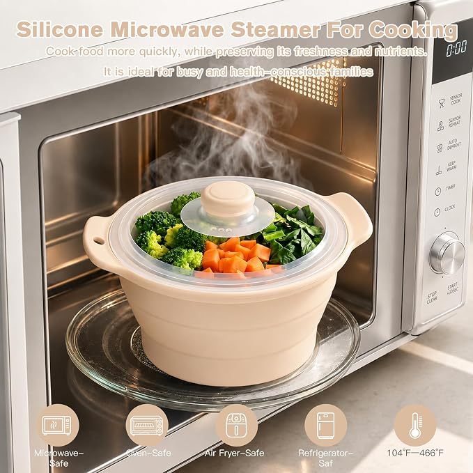 42oz Silicone Microwave Food Steamer with Steam Basket, Collapsible Steamer for Cooking Vegetable, Seafood, Dumplings, Rice Cooker, BPA Free Small Steam Pot with Handle & Lid, Dishwasher Safe (Pink)