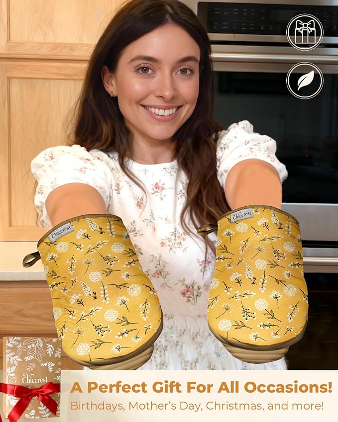 100% Thick Cotton Oven Mitts Ribbed Soft Silicone Yellow Flower | Aesthetic Oven Mitts for Women, Machine Washable Non-Slip Kitchen Mitts, Reversible for Both Hands, Stylish Kitchen Decor