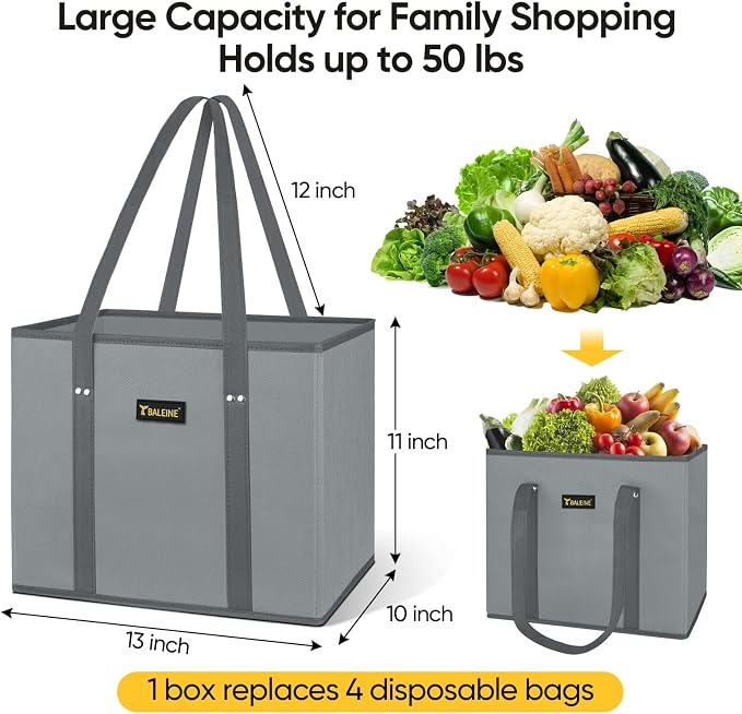 BALEINE 3PK Reusable Grocery Bags, Heavy Duty Shopping Tote Bag | 12'' Long Handles, Reinforced Bottom Keeps Upright, Fold Flat Storage, Water-Resistant Shopping Bag, Multiple Color Options