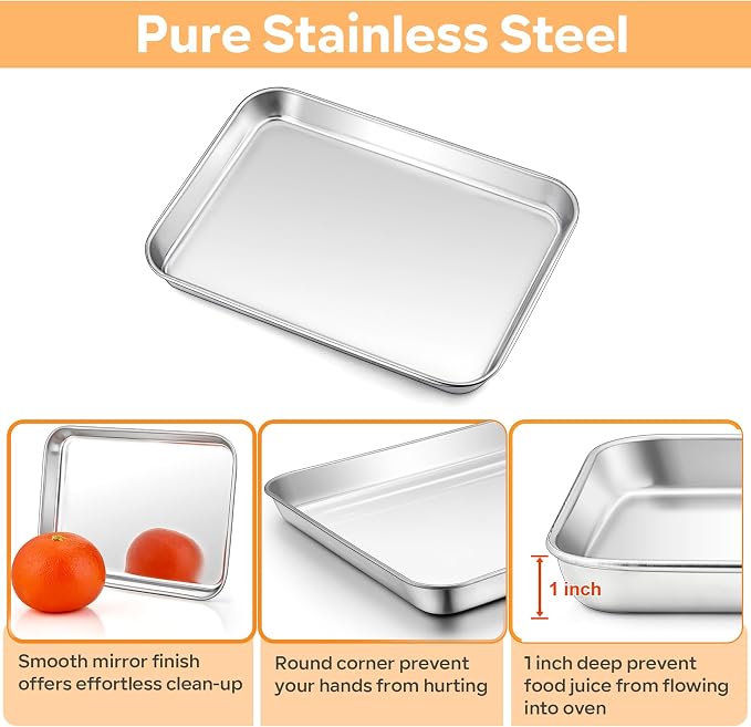 TeamFar Cookie Sheets with Cooling Racks, 2 Pans + 2 Racks,9x7x1 Inch | Stainless Steel Mini Toast Oven Tray Pan with Grid Rack for Baking Roasting Cooling, Non-Toxic & Heavy-Duty, Dishwasher Safe