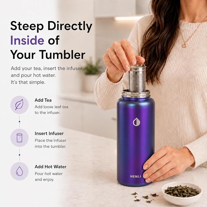 32 oz Ceramic Lined Tea Infuser Travel Tumbler, Micro-Mesh Stainless Steel Infuser, Pure Taste Ceramic Interior, Triple Insulated 12hr Hot Cold, Dual Sip & Straw Lid, Scratch-Resistant