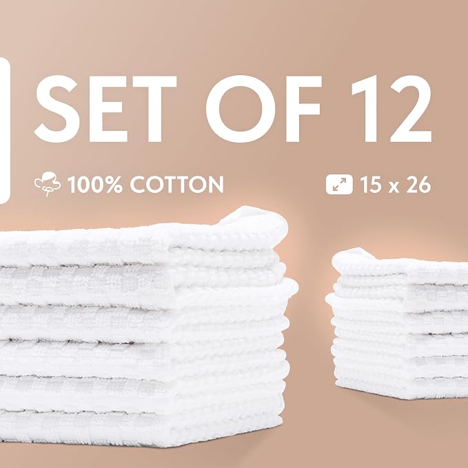 Super Absorbent Kitchen Towels 12 Pack - Premium 100% Cotton Kitchen Towels, 450GSM Thick Machine Washable White Dish Towels for Kitchen Drying, Cleaning, Dobby Weave, Unmatched Quality