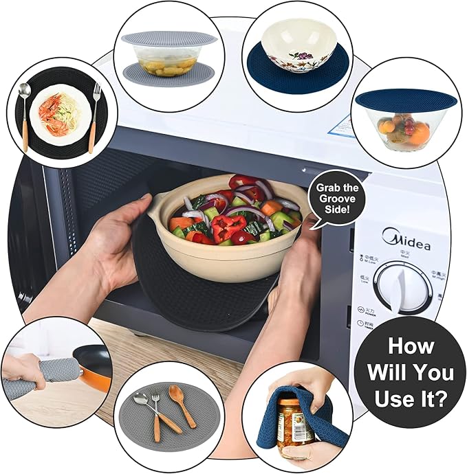 Silicone Microwave Mat - Round Heat-Resistant Pad, Non-Slip Trivet, 12" | Reusable Jar Opener, Pot Plate Holder, Grey