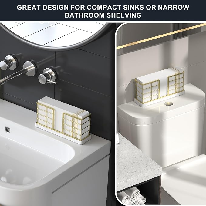 Wican Marble Vertical Stance Bathroom Napkin Holder, Takes Up Less Space | Small Guest Bathroom Towel Tray for Powder Room Table Wooden Basket for Disposable Paper Hand Towels, Gold and Marble White
