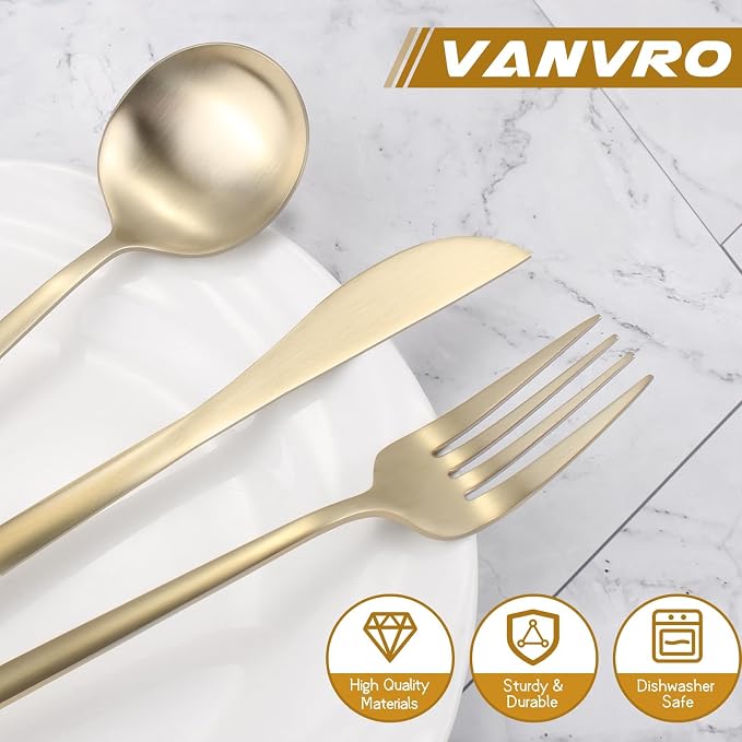 VANVRO Champagne Gold Silverware Set, 60-Piece Stainless Steel Flatware set,Matte Silverware Sets Service for 12, Tableware Cutlery Satin Finish Utensils for Kitchen,Dishwasher Safe