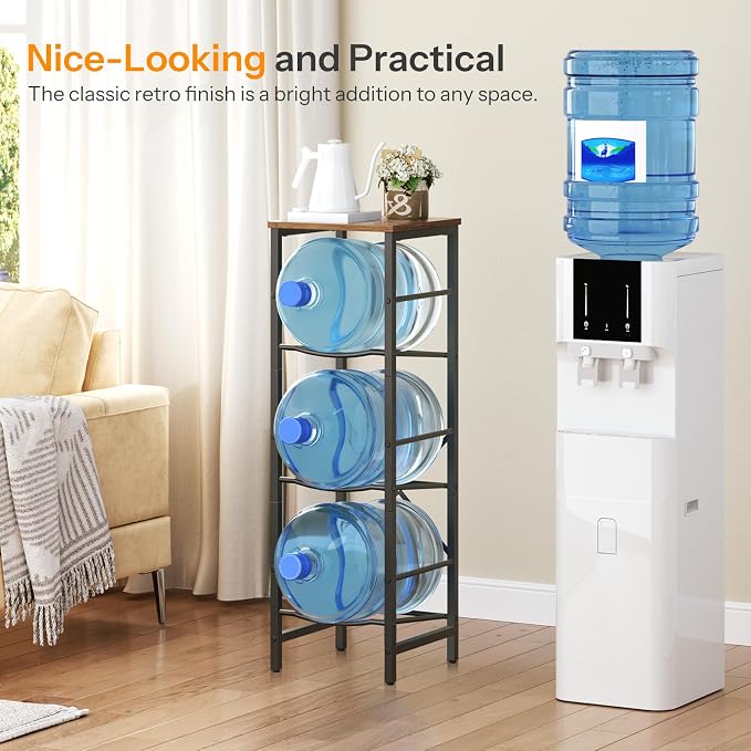 HOOBRO Water Jug Rack, Water Bottle Holder, 5 Gallon Water Jug Rack, 3-Tier Water Cooler Storage Rack, Water Dispenser Stand, for Kitchen, Living Room, Office, Rustic Brown and Black BF01ST01