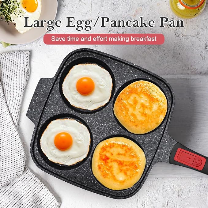 RANX INGST 10 inch Large Egg Pan with Lid, Nonstick 4-Cup Pancake Pan,Black | Omelette Skillet with Detachable Handle Induction Compatible