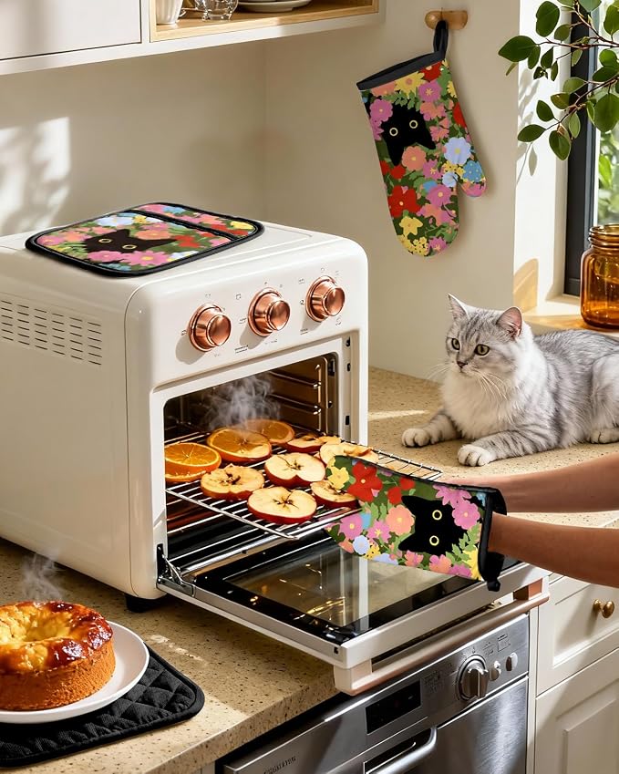 Miss Adola Cotton Oven Mitts and Pot Holders Sets, Floral Feline | Heat-resistant up to 350°F, Pure Cotton, Quilted Contact Surface, Stylish Design, with Hanging Loop, Ready to Gift Package