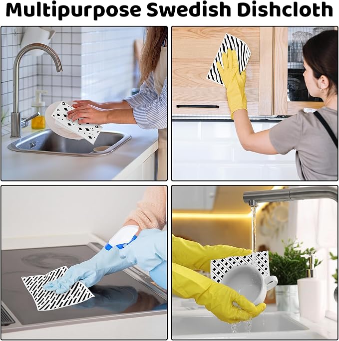 6 Pack Swedish Dishcloths for Kitchen,Swedish Rags Dish Towels with Clips | Reusable Paper Towels Washable Absorbent Cellulose Sponge Cloths No Odor for Countertop Sink Kitchen