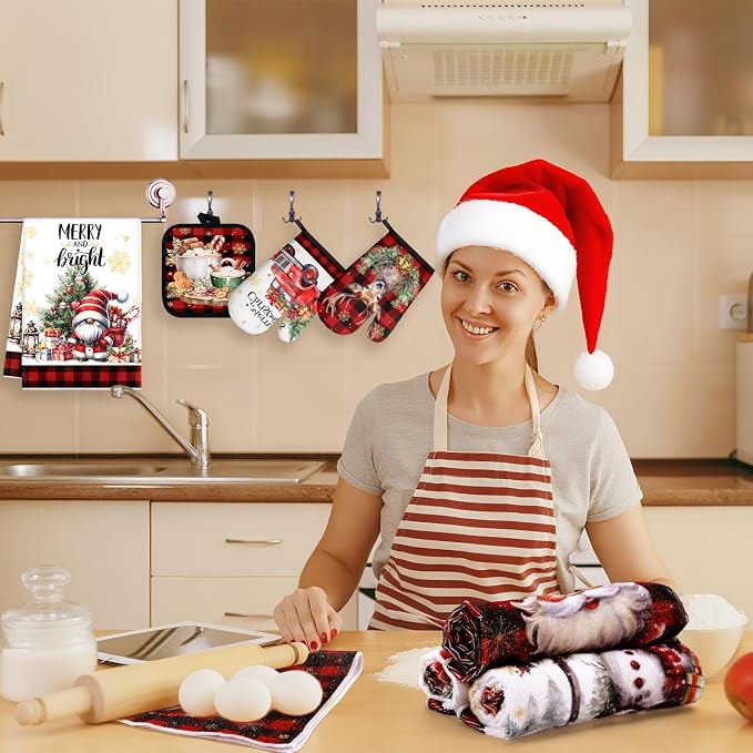 SiliFine 12 Pcs Christmas Kitchen Accessories Set Xmas Buffalo Plaid Pot Holders Santa Claus Oven Mitts Xmas Reindeer Gnome Kitchen Towels for Christmas Home Decorations, Cooking Baking Holiday Gifts