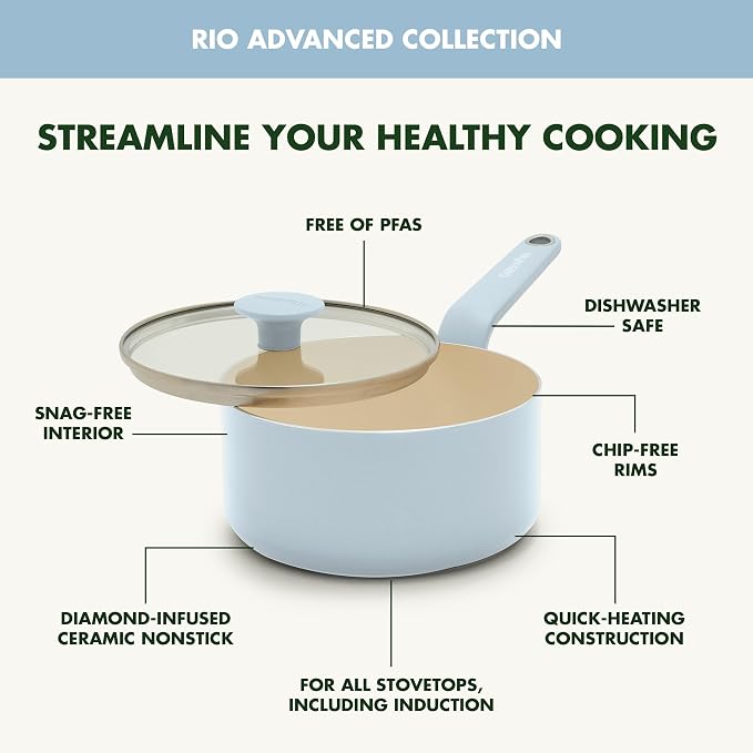 GreenPan Rio Advanced 2QT Saucepan with Lid, Ceramic Nonstick PFAS-Free Pans, Induction Ready, Dishwasher and Oven Safe, Blue