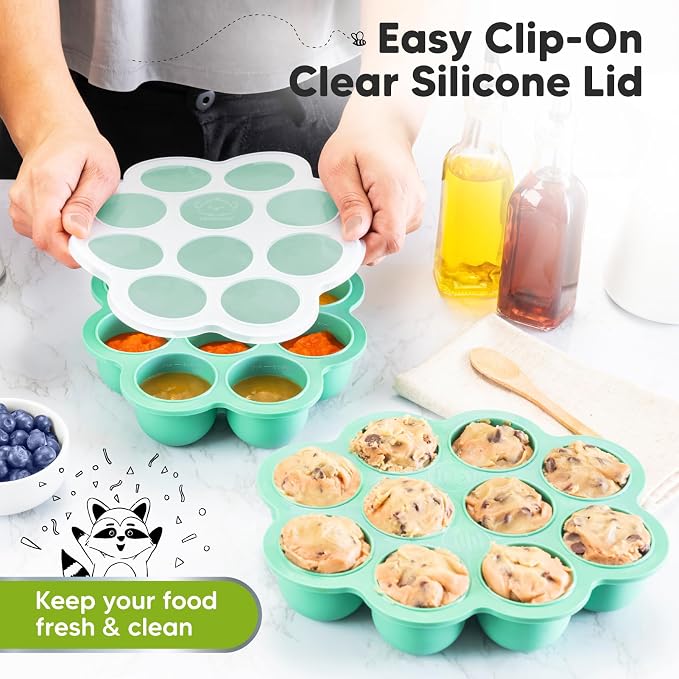KeaBabies Silicone Food Freezer Trays with Lid, 2oz x 10 Pods(Alpine Green) | Baby Food Storage Containers, Easy Puree Meal Prep, Breast Milk Silicone Freezer Molds, Dishwasher, Microwave Safe, BPA-Free