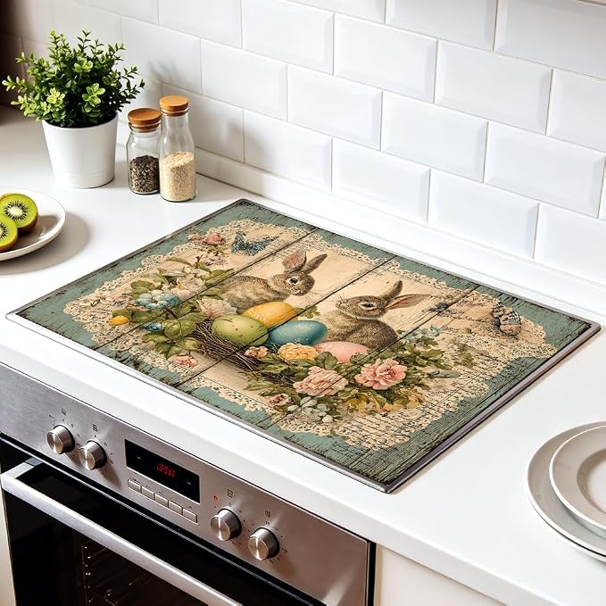 Stove Top Cover for Electric Stove 28.4 x 20.5 Inch Non Slip Stove Mat Oil Proof Easter Bunny Eggs Glass Cooktop Protector Kitchen Mat