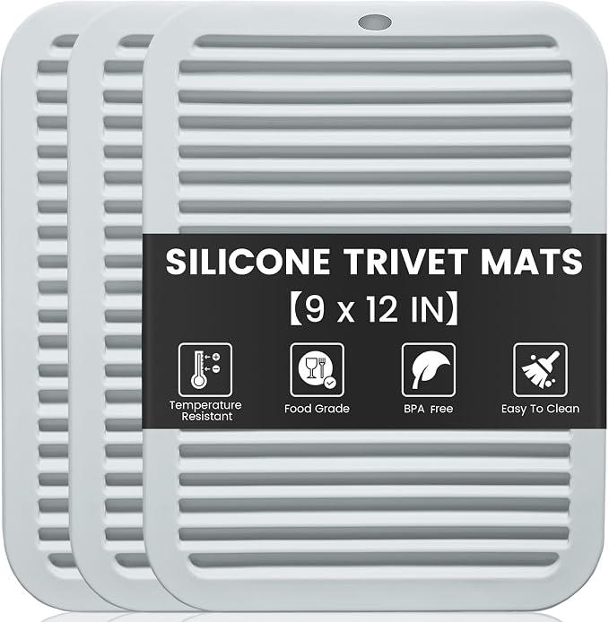 TOPULORS 3 PCS Silicone Trivets for Pots and Pans 9"x12" Heat Resistant Mat Hot Pads for Kitchen Quartz Countertops - Dish Drying Mat Non-Slip Potholders Pot Holders Trivets for Hot Dishes - Gray