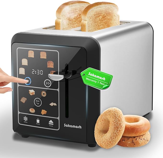 SAKAMOSH 2-Slice Touchscreen Toaster with bagel function | Even Toasting, 6 Browning Levels, Defrost and Cancel, Wide Slots Fit Thick Bread, Easy-clean Tray, Ideals for Busy Mornings