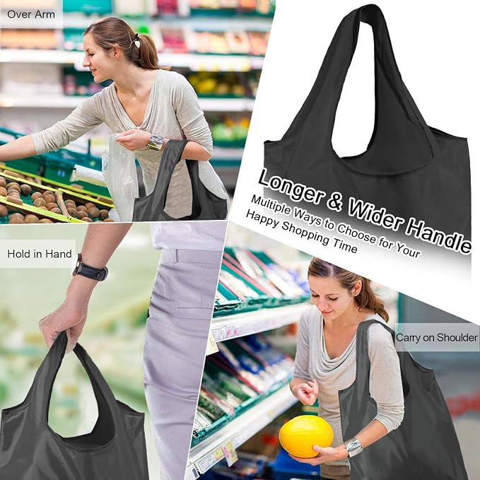BeeGreen Black Reusable Grocery Bags Wholesale Dark Reusable Kitchen Bags Bulk Foldable-Machine Washable with Zipper Storage Pouch 50 Packs