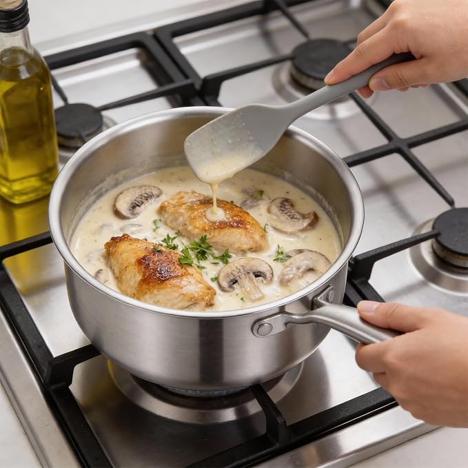 Ohtomber 3 Qt Tri-Ply Stainless Steel Saucepan with Steamer Basket & Lid | Nonstick, Saucepan with Stay-Cool Handle, Induction Safe, Medium Cooking Pot, Ideal for Vegetables, Oatmeal, Daily Steaming