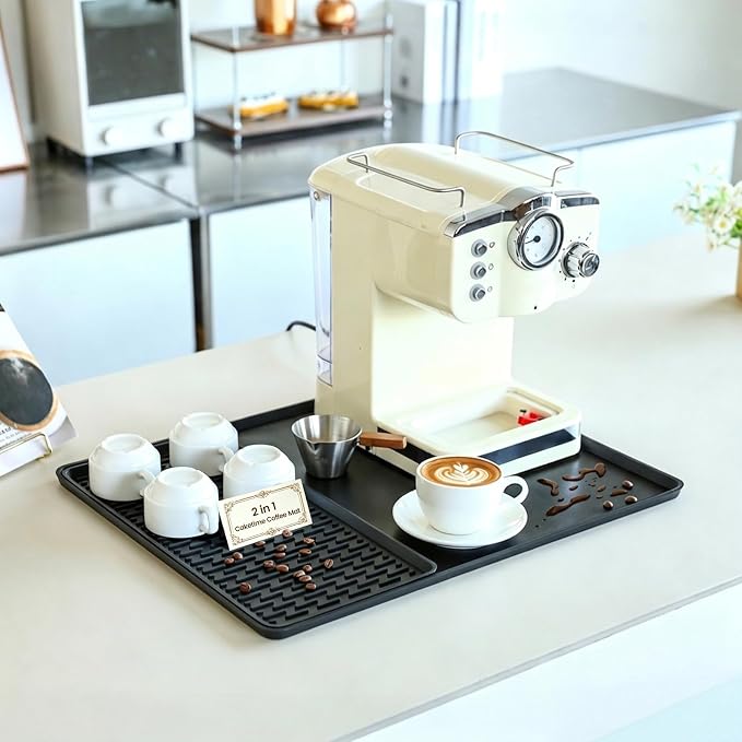 Caketime 2 In 1 Silicone Coffee Bar Mat Accessories for Ninja Coffee Maker with Detachable Dish Drying Rug Kitchen Counter Under Sink Drainer Appliances New Home Decor 16"x20" Black