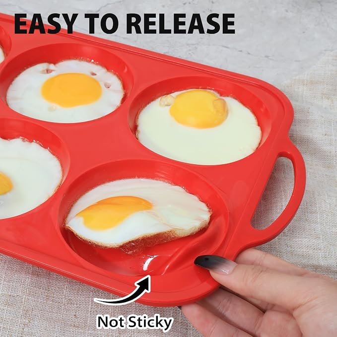 4 Inch Muffin Top Pan Non Stick with Metal Frame, Silicone Egg Molds | for Breakfast Sandwiches, Large Round Whoopie Pie Baking Pan with Handle for English Muffin, Egg Bite and Oven, Red Toeusog