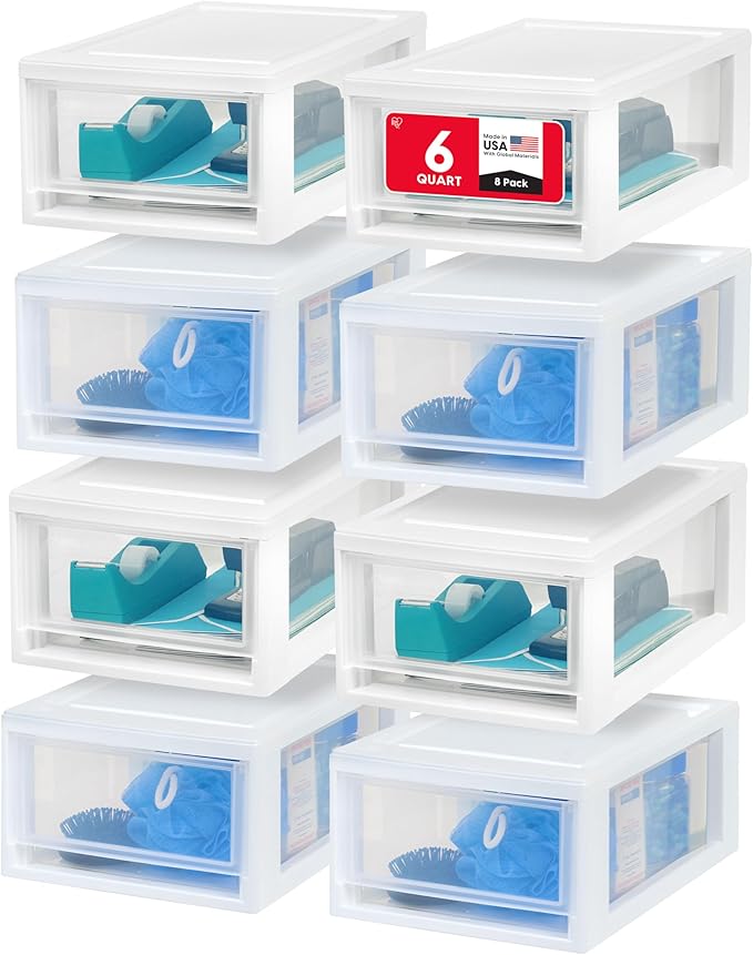 IRIS USA 8-Pack, 6 Qt. Small Stacking Drawer Storage Organizer, White | Keep craft supplies, accessories, office items, and small essentials organized around your home with separate storage spaces