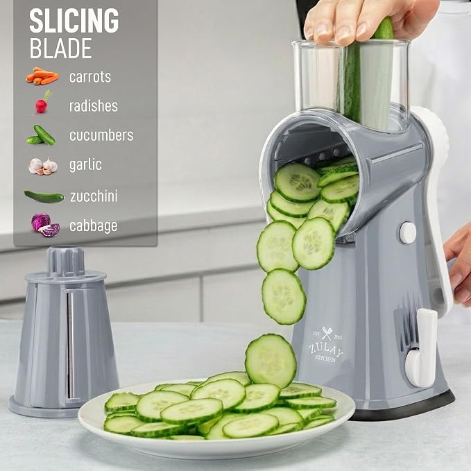 Zulay Kitchen Rotary Cheese Grater 5 Blade Cheese Shredder - Manual Hand Crank Cheese Grater With Reinforced Suction & 5 Interchangeable Drums - Easy to Use, Vegetable Chopper Round Mandoline Slicer
