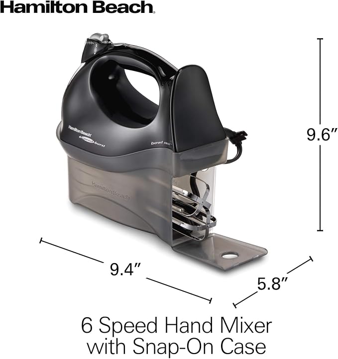 Hamilton Beach Power Deluxe 6-Speed Electric Hand Mixer With QuickBurst | Powerful 250 Watt Motor | Traditional Beaters | Whisk | Snap-On Storage Case | Bowl Rest | Black | 62692
