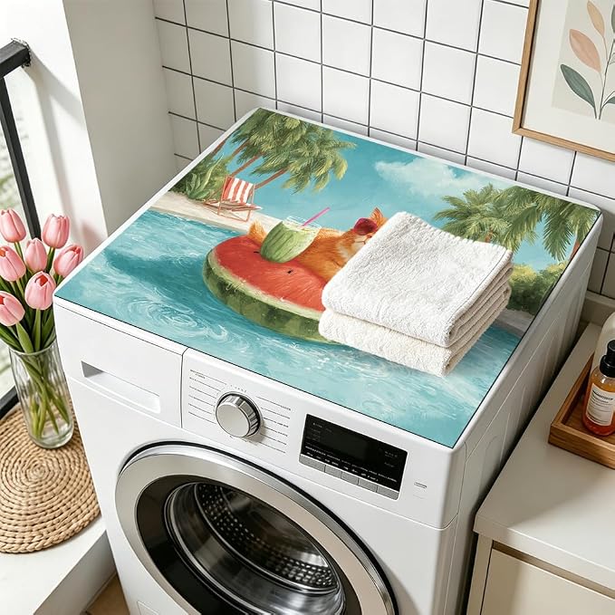 Watermelon Cat Washer Dryer Top Cover Mat 28.35x20.47 in | Heat Resistant Cooktop Protector Mat with Non-Slip Backing, Scratch Protection and Countertop Drying Mat.