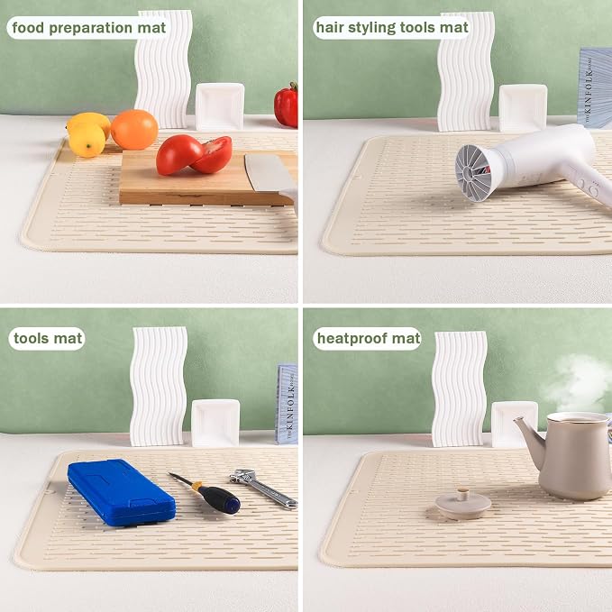 Extra Large 30x24 Inch Silicone Dish Drying Mat for Rack & Kitchen Counter | Easy Clean Silicone Drying Mat for Kitchen Counter , Non-Slip Dish Drain Mat , Heat Resistant Silicon Dish Mat, Beige, SAPID