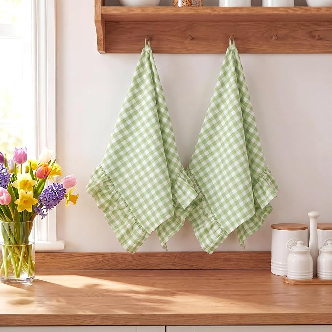 HunnmingRe 2 Pcs Mint Green Gingham Kitchen Towels Cotton Ruffled | Checked Dish Towels 18"x28" Tea Cloths Plaid Cottage Core Kitchen Decor for Farmhouse Charm Drying Dishes Entertaining Guests