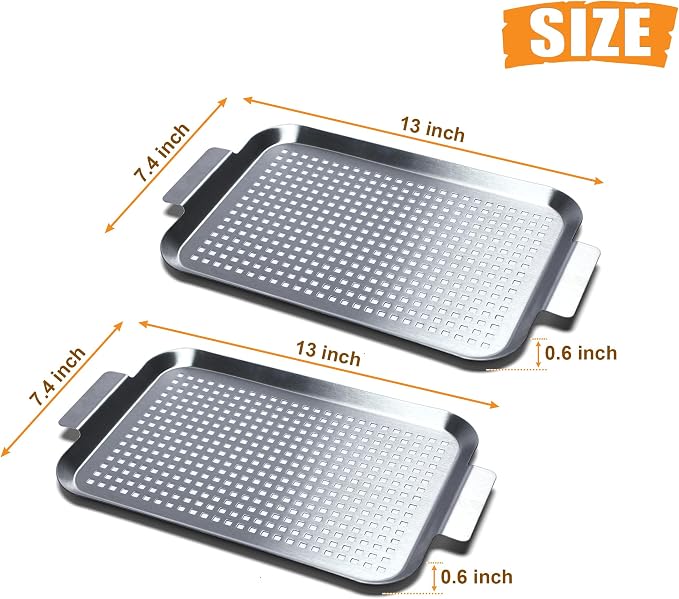 Grill Pan Set of 2, BBQ Grill Topper for Outdoor Grill, Small | Stainless Steel Grilling Baskets with Holes and Handles, Perforated Food Tray Barbecue Accessories for Vegetable, Fish