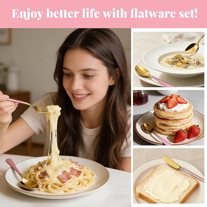 30 Pieces Silverware Set with Organizer, Stainless Steel Cutlery Set Flatware Set for 6 Person, Tableware Set Includes Dinner Knives Forks Spoons Teaspoons Butter Knives (Pink Gold-30PCS)