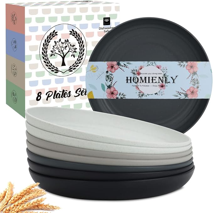 Deep Dinner Plates Set of 8 Alternative for Plastic Plates Microwave and Dishwasher Safe Wheat Straw Plates for Kitchen Unbreakable Kids Plates for Dessert, Salad (Black Grey, 10 inch)