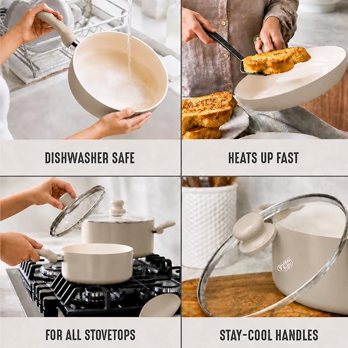 GreenLife 5QT Ceramic Nonstick Stockpot with Lid, Beige Taupe | PFAS-Free Nonstick Coating, Casserole Pot, Soup Pot, Pasta Pot, Induction Ready, All Stovetop Compatible, Dishwasher Safe