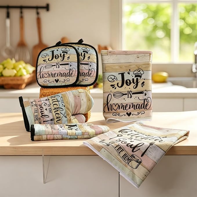 6 Pcs Kitchen Decor Accessories Set with Oven Mitts Pot Holders | Farmhouse Absorbent Dish Towels, Kitchen Sets for Home Decorations for Cooking Baking Grilling