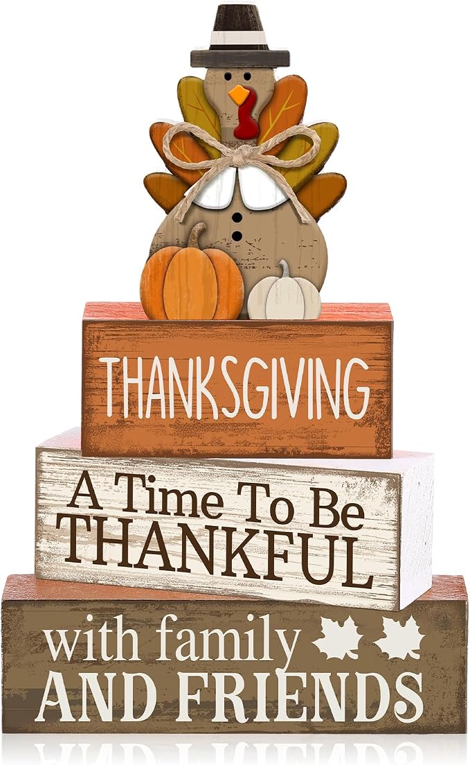 Lineshading 4 Pcs Fall Decoration For Home Wooden Thanksgiving Turkey Decor | Rustic Farmhouse Stacked Sign Blocks, Tiered Tray Tabletop Decor, Thankful Message for Home Family Gatherings