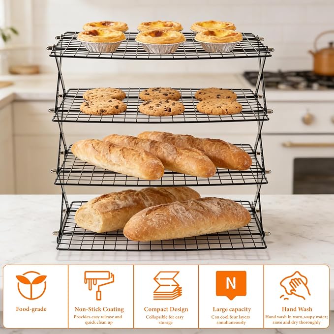 4 Tier Collapsible Cooling Rack，3 Setting Design, Adjustable ＆ Stackable Baking Rack, for Baking, Cookies, Bread, Gifts for Baking Must Haves