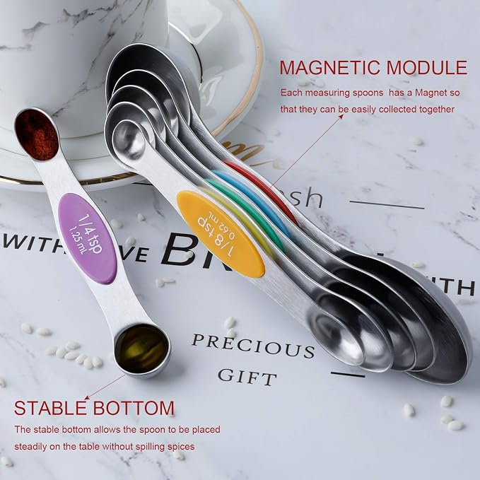 Magnetic Measuring Spoons Stainless Steel Dual Sided Teaspoons Tablespoons | for Measuring Dry and Liquid Ingredients Set of 6