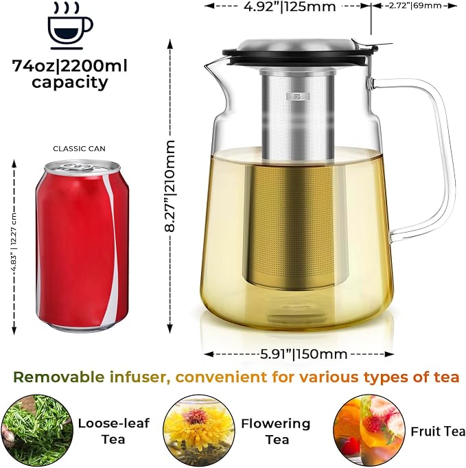Aquach 74oz Glass Tea Pot with Infuser, Stovetop Safe Borosilicate Teapot | Dishwasher Safe, Plastic-free, Family Capacity, Precise Loose Leaf Filter, Easy-clean Opening